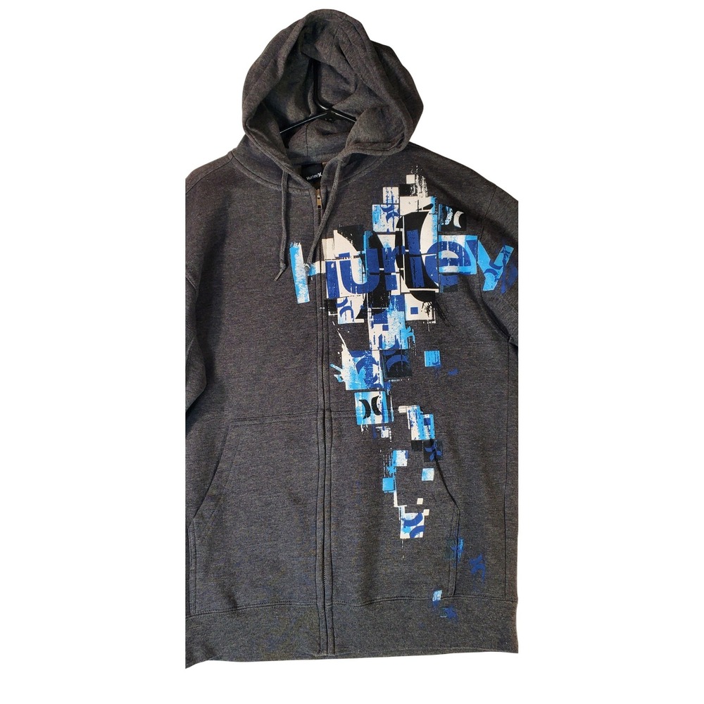 Hurley Mens Full Zip Hoodie Charcoal Grey Blue Graphic Logo Fleece Sweatshirt M - Picture 2 of 8